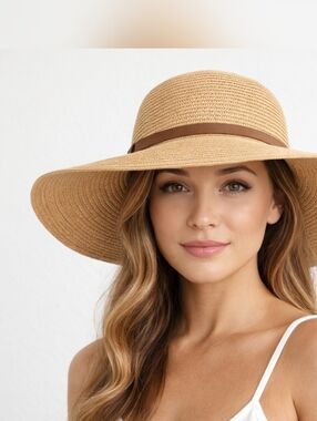 Nordstrom Tan Braided Straw Sun Hat Dark Brown Band Adjustable Floppy Packable